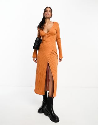 Asos Design Long Sleeve Textured Wrap Midi Dress With Tie Side In Rust-orange