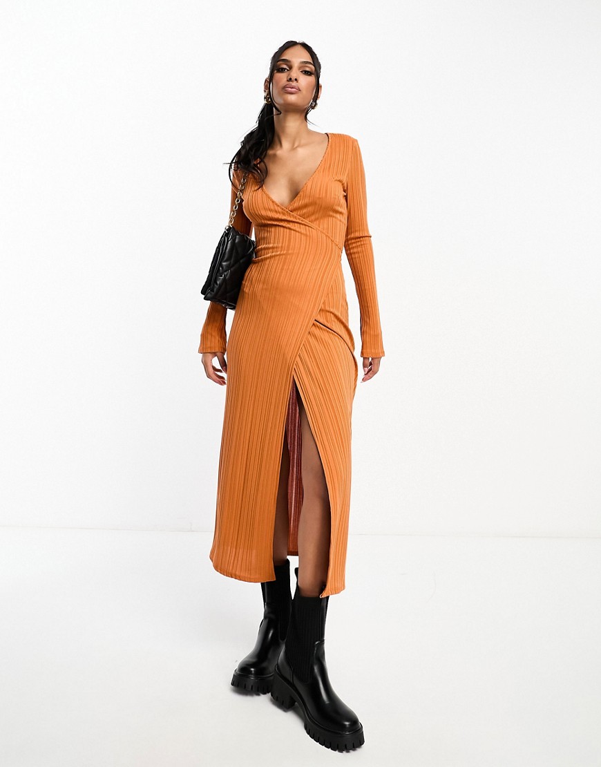 ASOS DESIGN long sleeve textured wrap midi dress with tie side in rust-Orange