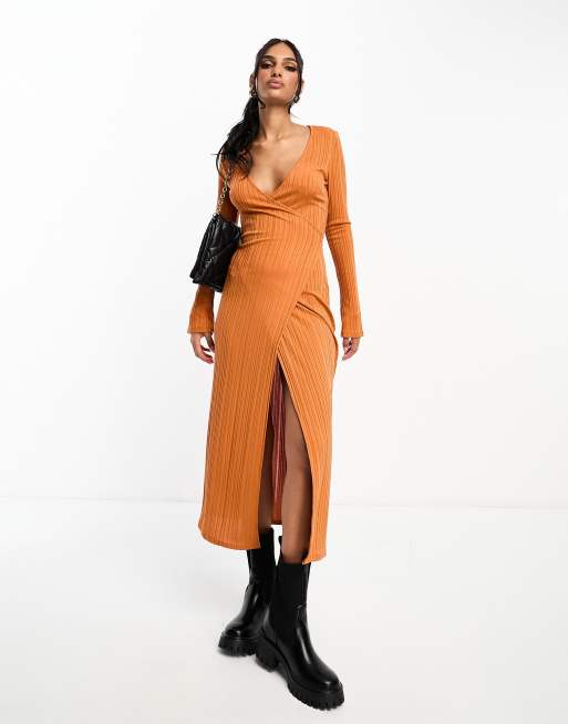 ASOS DESIGN long sleeve textured wrap midi dress with tie side in rust