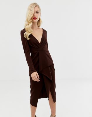 asos design wrap detail midi dress with long sleeves