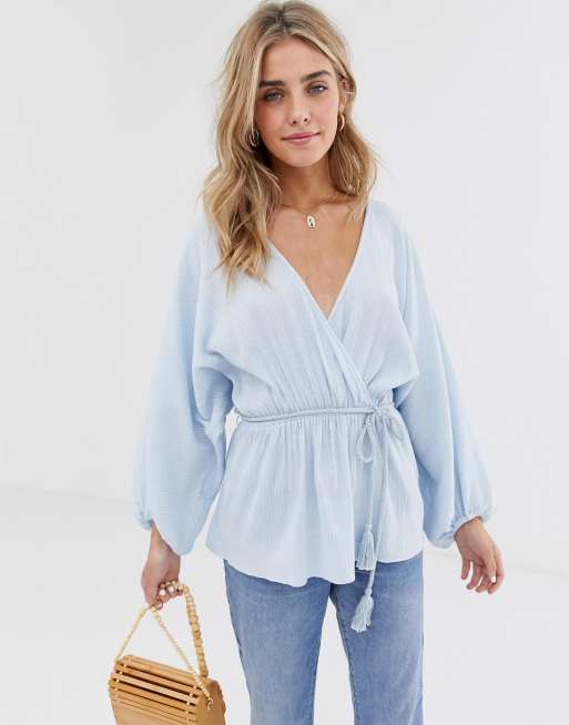 wrap front long sleeve top