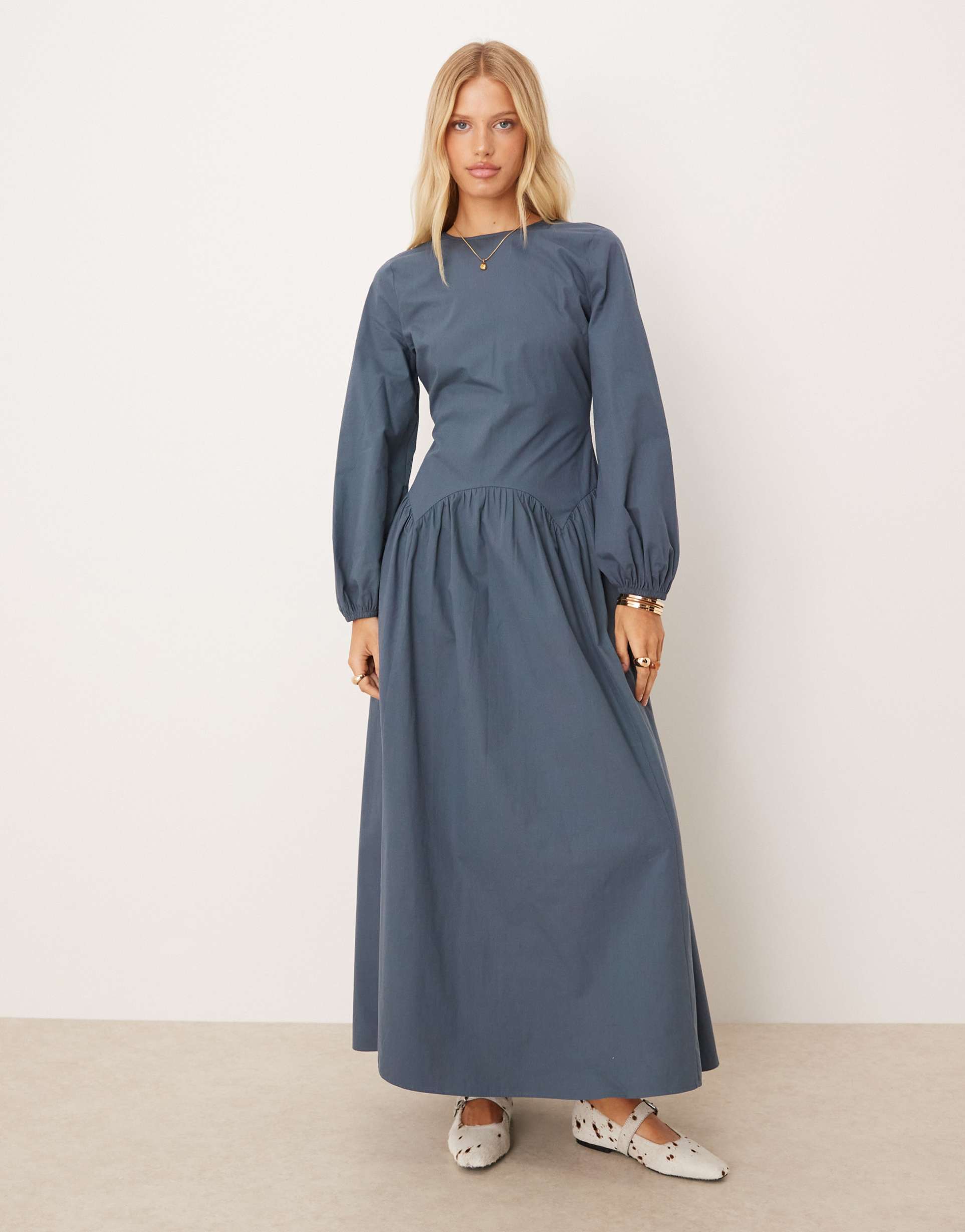 asos design long sleeve tie back maxi dress in navy