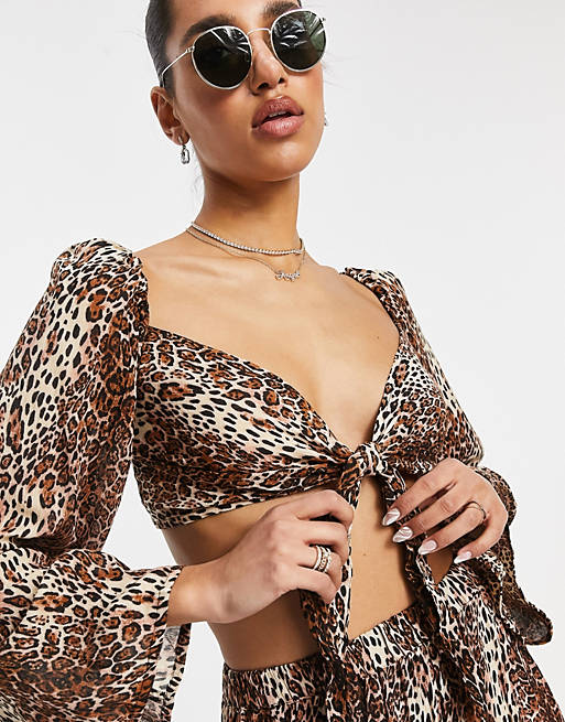 ASOS DESIGN long sleeve tie front beach co-ord top in natural leopard print