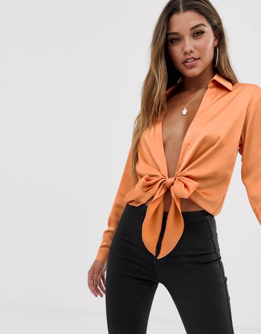 ASOS DESIGN long sleeve tie front deep plunge shirt