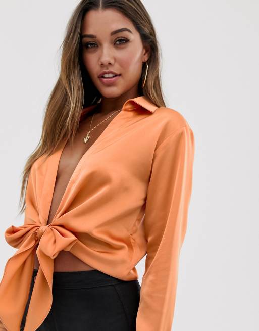 ASOS DESIGN long sleeve tie front deep plunge shirt