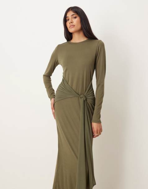 ASOS DESIGN long sleeve tie front maxi dress in khaki green - view 1
