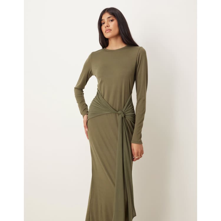 ASOS DESIGN long sleeve tie front maxi dress in khaki green