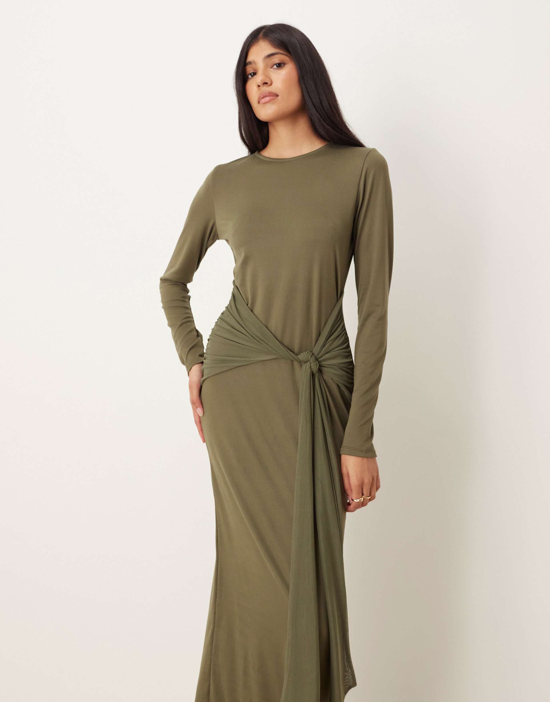 asos design long sleeve tie front maxi dress in khaki green