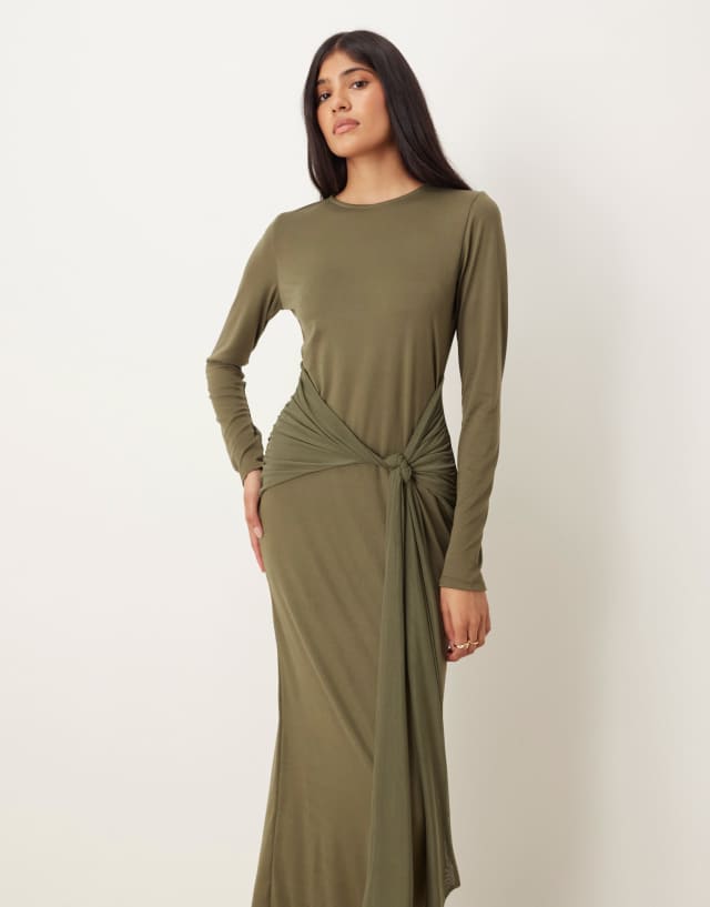 ASOS DESIGN long sleeve tie front maxi dress in khaki green