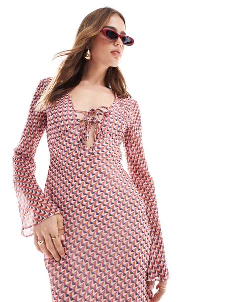 ASOS DESIGN long sleeve tie front maxi dress with bias skirt in geometric print - view 1