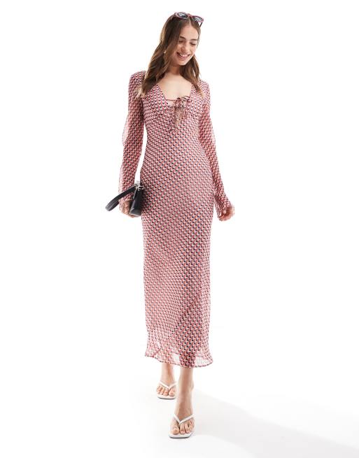 ASOS DESIGN long sleeve tie front maxi dress with bias skirt in geometric print ASOS