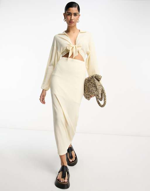 ASOS DESIGN long sleeve tie front midi dress in cream