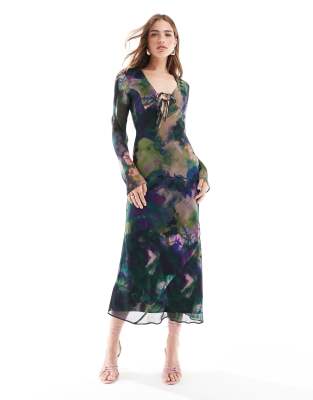 Asos Design Long Sleeve Tie Front Midi Dress With Bias Cut Skirt In Floral Grunge-multi