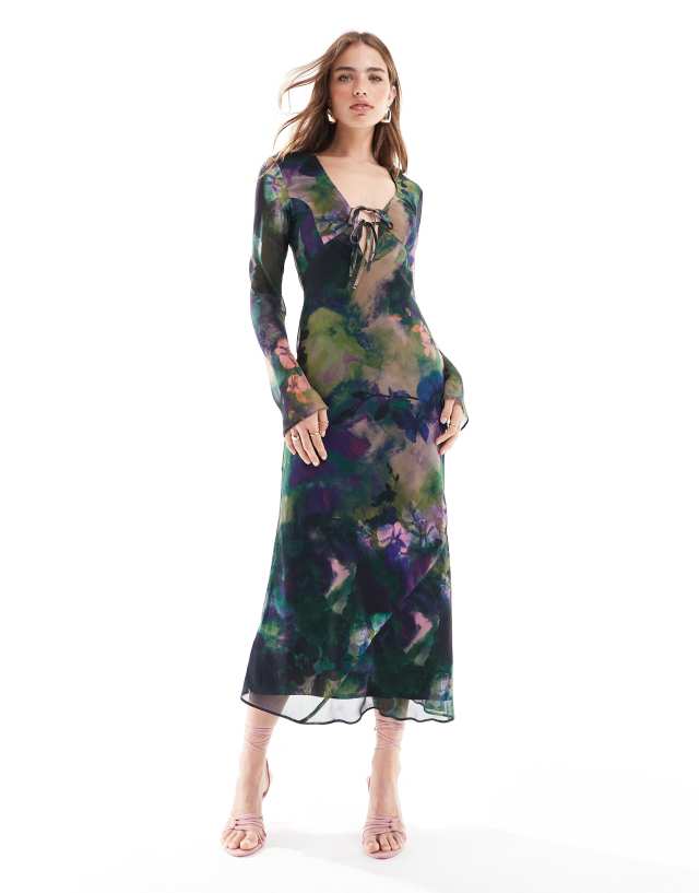 long grunge dress ASOS DESIGN sleeve tie front midi with bias cut skirt in floral YGroup_t1781908