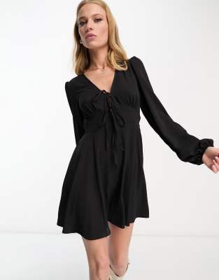 Perfee Tie Front Printed Long Sleeve Mini Dress