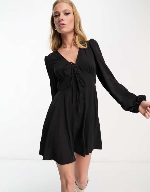 ASOS DESIGN long sleeve tie front mini tea dress in black | ASOS