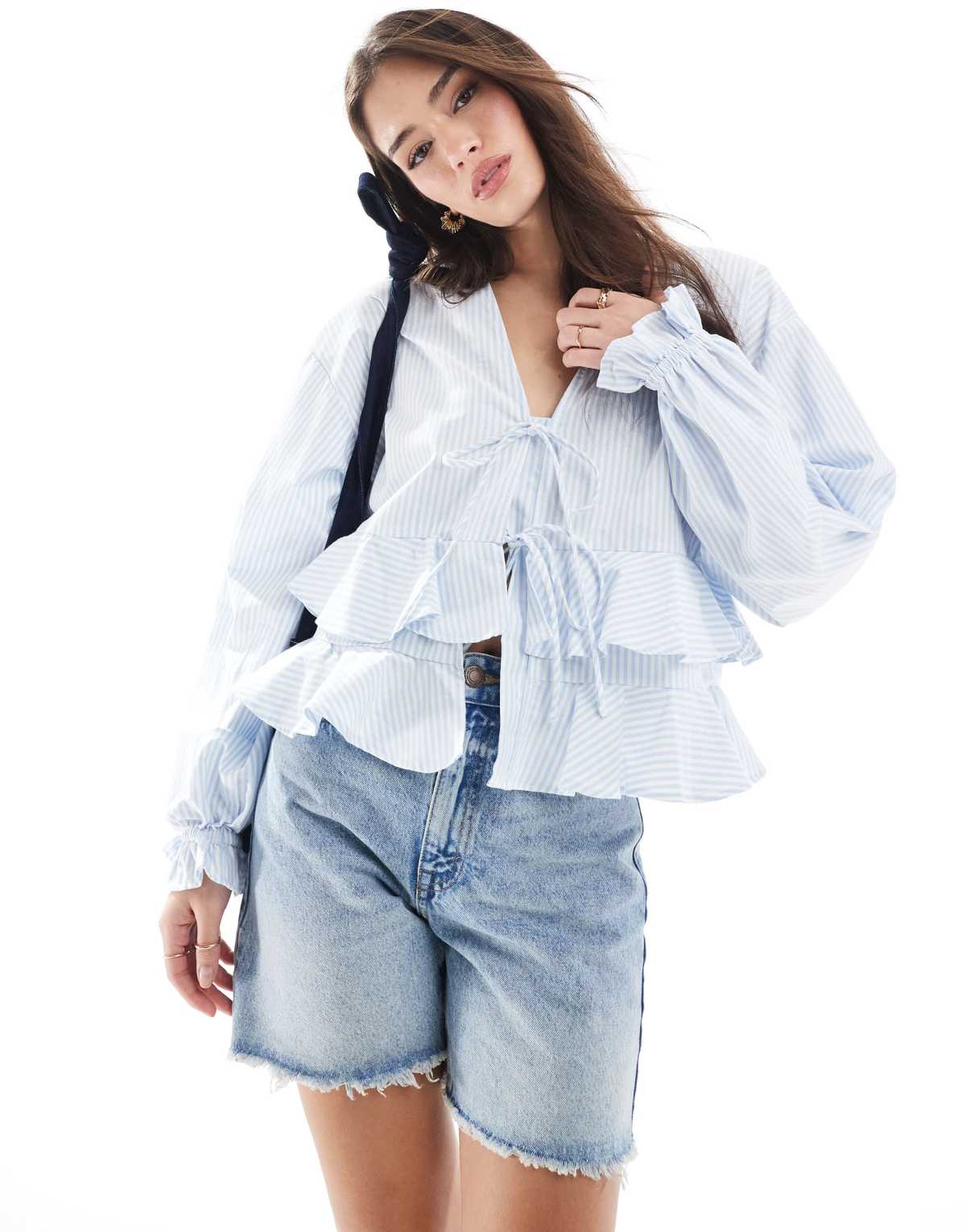 ASOS DESIGN long sleeve tie front ruffle hem top in blue stripe