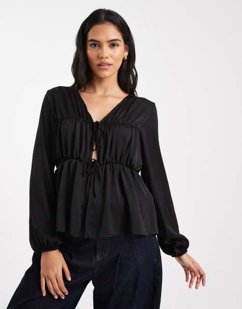 ASOS DESIGN long sleeve tie front smock top in black - view 1