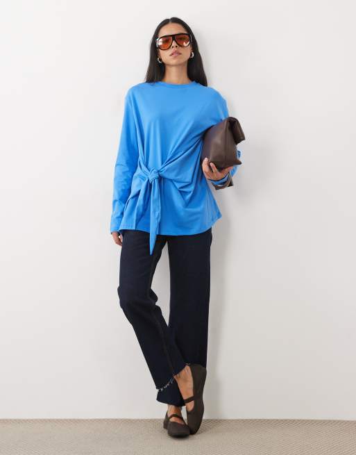 ASOS DESIGN long sleeve tie waist T-shirt in blue, 2 of 4