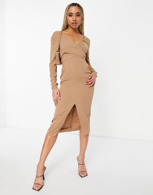 ASOS DESIGN LONG SLEEVE TIE WRAP BODICE MIDI PENCIL DRESS IN BEIGE-BROWN