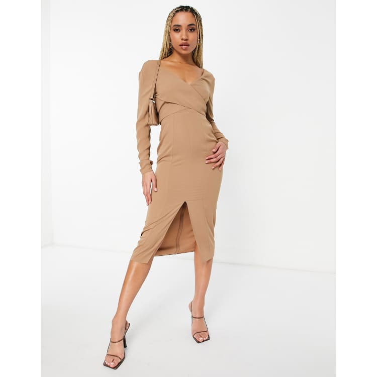 ASOS DESIGN long sleeve tie wrap bodice midi pencil dress in beige