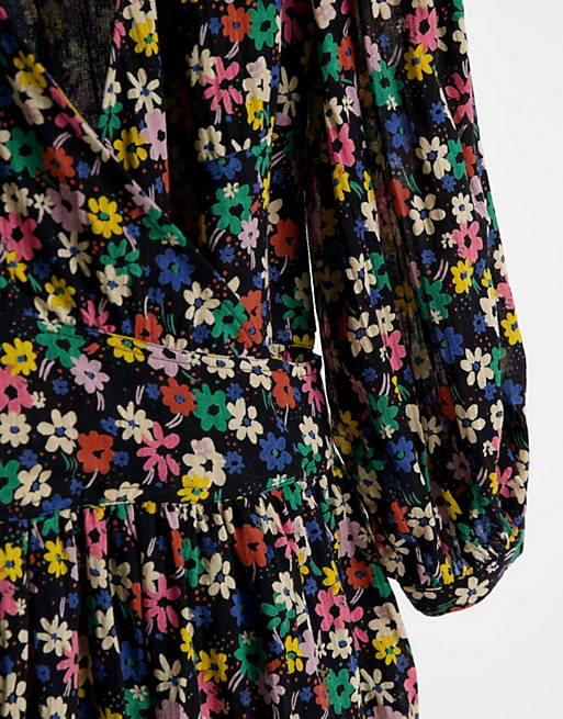 Women long sleeve tie wrap mini skater dress in ditsy floral 