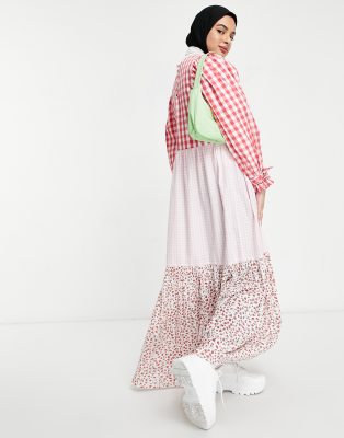 asos design mixed gingham and floral tiered mini smock dress ASOS DESIGN long sleeve tiered maxi smock dress in mixed gingham and floral  print