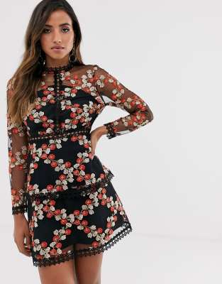 floral embroidery mesh sleeve mini dress