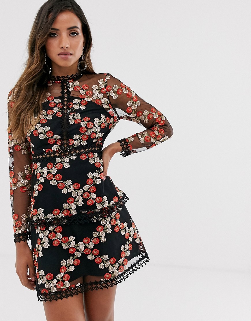 ASOS DESIGN long sleeve tiered mini dress in red embroidered floral mesh-Navy