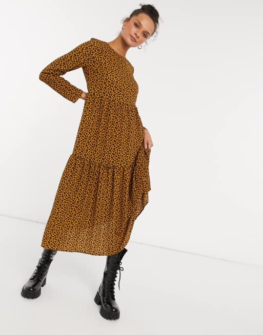 asos design long sleeve tiered smock midi dress