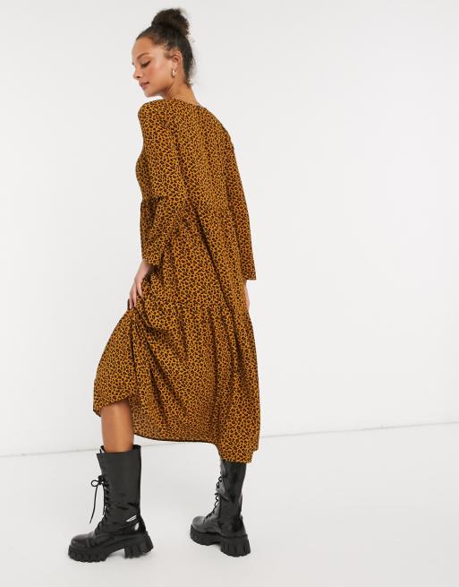 Download Asos Design Long Sleeve Tiered Smock Midi Dress In Animal Print Asos