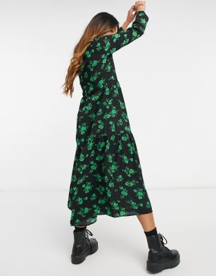 long sleeve black floral midi dress