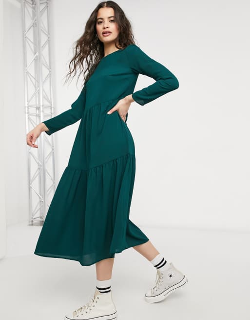 ASOS DESIGN long sleeve tiered smock midi dress in forest green | ASOS