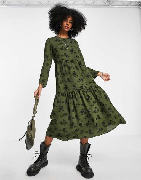ASOS DESIGN long sleeve tiered smock midi dress in khaki floral