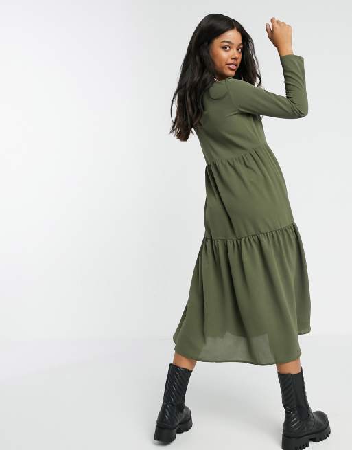 ASOS DESIGN long sleeve tiered smock midi dress in khaki