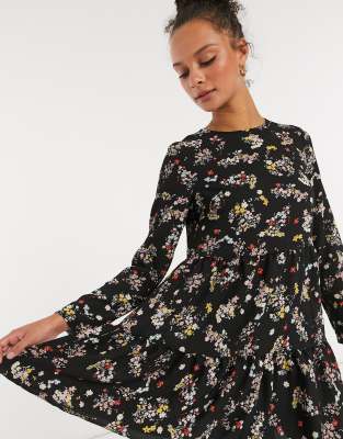 asos design long sleeve midi dress with embroidered flowers and ruffle detail