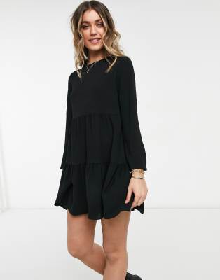 ASOS DESIGN long sleeve tiered smock mini dress in black | ASOS