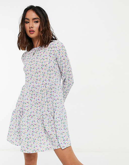  long sleeve tiered smock mini dress in blue floral 
