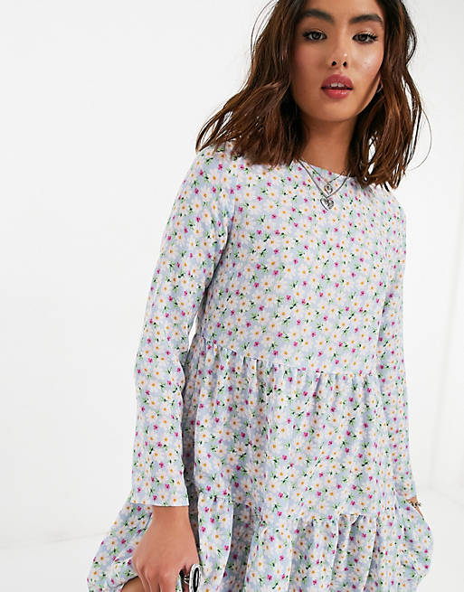  long sleeve tiered smock mini dress in blue floral 