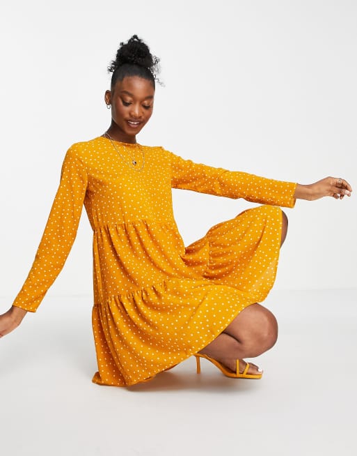 ASOS DESIGN long sleeve tiered smock mini dress in mustard spot print