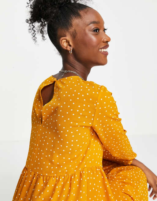 ASOS DESIGN long sleeve tiered smock mini dress in mustard spot print ASOS