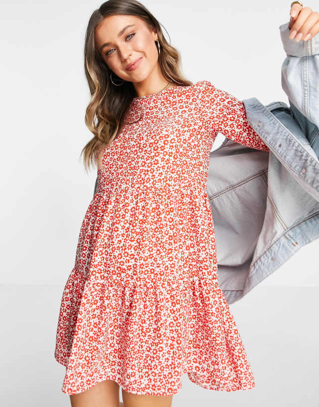 ASOS DESIGN long sleeve tiered smock mini dress in red and white floral print