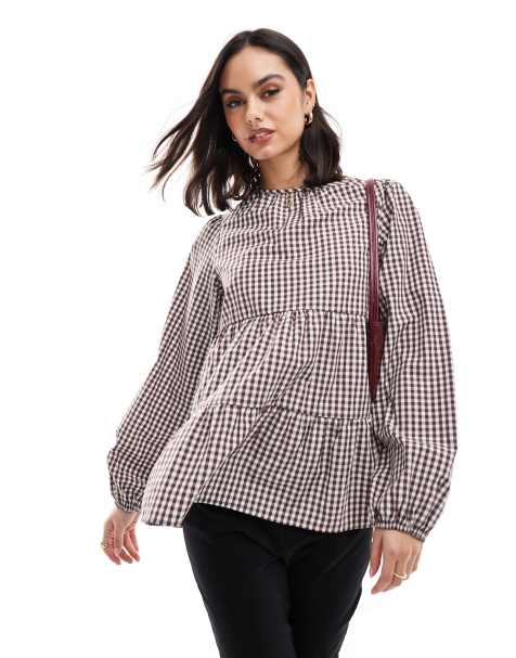 ASOS DESIGN long sleeve tiered smock top in brown gingham - view 1