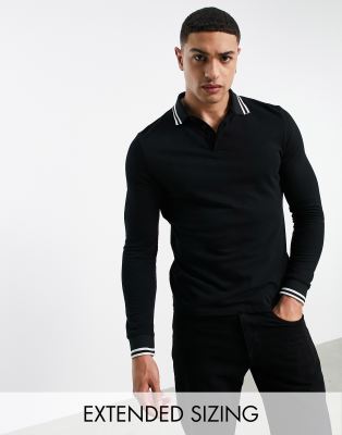 ASOS DESIGN long sleeve tipped pique polo shirt in black - BLACK - ASOS Price Checker