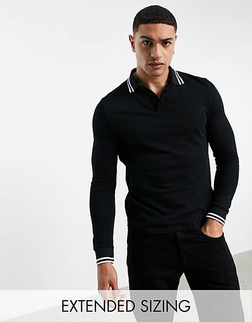 ASOS DESIGN long sleeve tipped pique polo shirt in black | ASOS