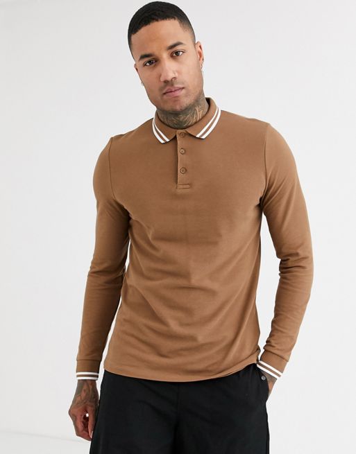 Download ASOS DESIGN long sleeve tipped pique polo shirt in brown ...
