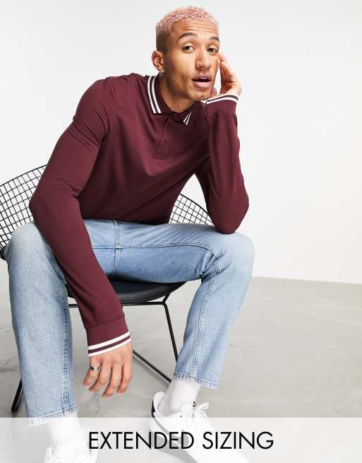 ASOS DESIGN long sleeve tipped pique polo shirt in burgundy - RED