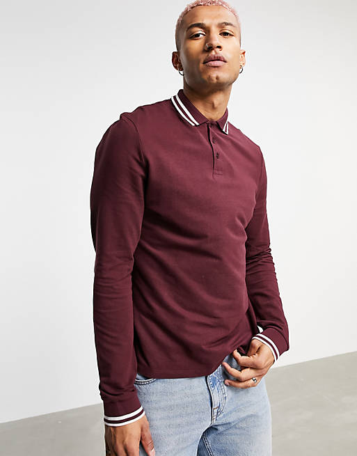 ASOS Design Long Sleeve Tipped Pique Polo Shirt in Burgundy - Red