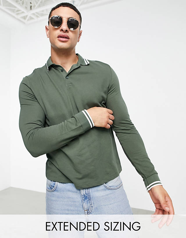 ASOS DESIGN - long sleeve tipped pique polo shirt in khaki - mgreen