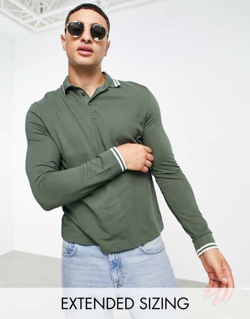 ASOS DESIGN long sleeve tipped pique polo shirt in khaki - MGREEN